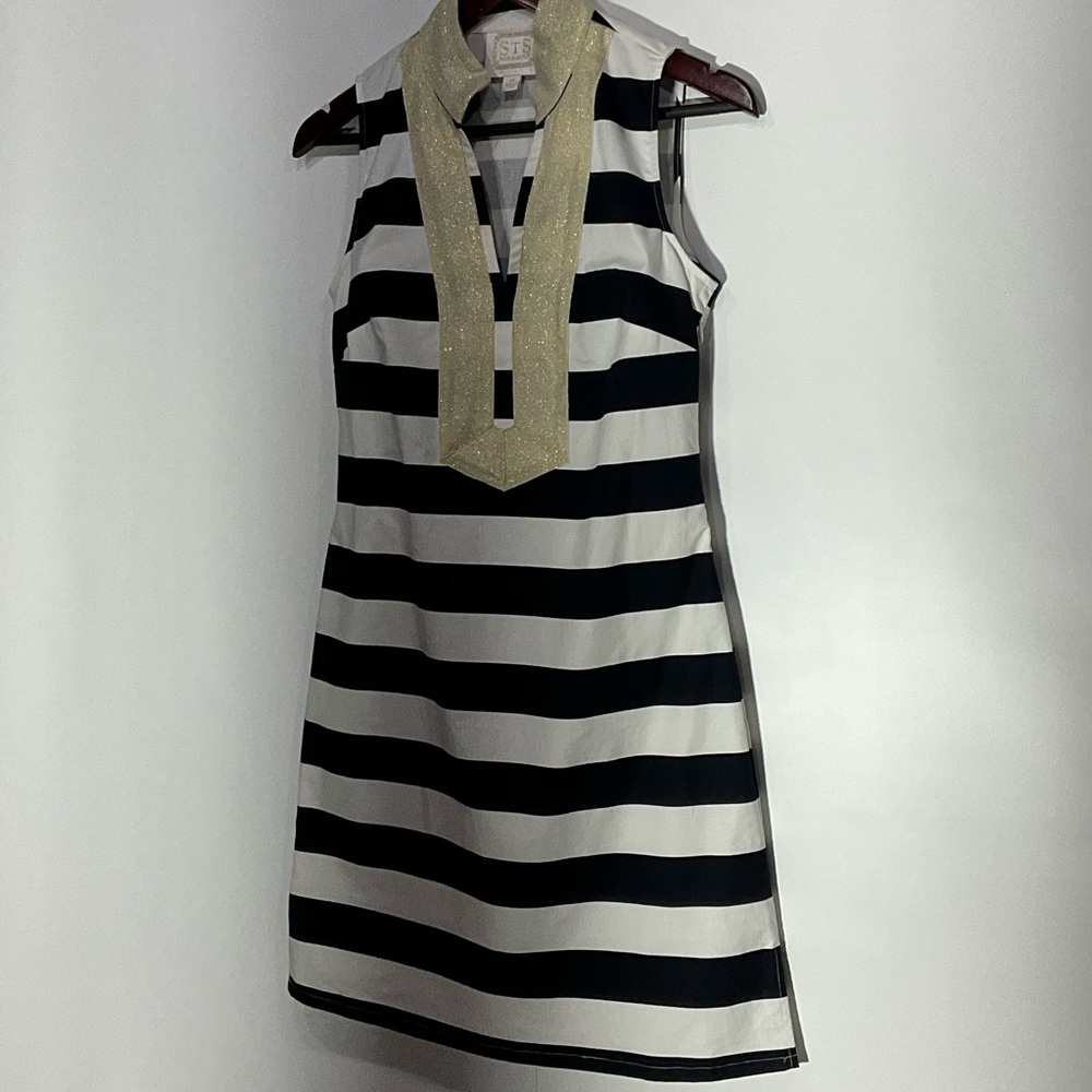 STS Sail to Sable navy & white striped dress gold collar & neckline, side zip XS - Picture 4 of 16